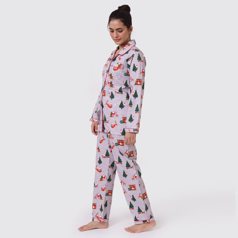 Personalised- Women Santa At Home (Grey) Pajama Set