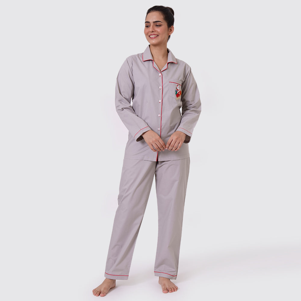 Personalised- Women Santa In Sleigh (Grey) Pajama Set